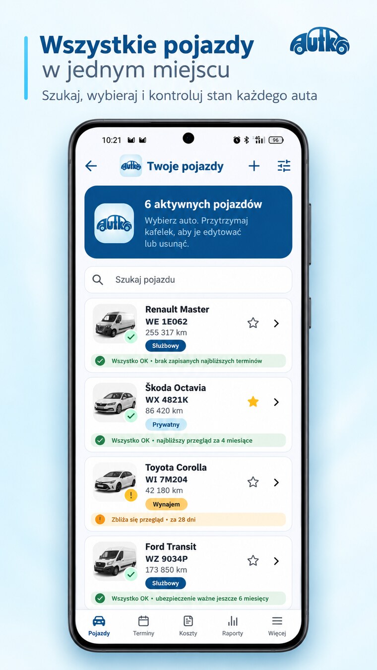 Wiele pojazdów w aplikacji Autko